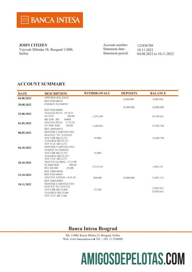 Serbia Banca Intesa modelo de extrato bancário